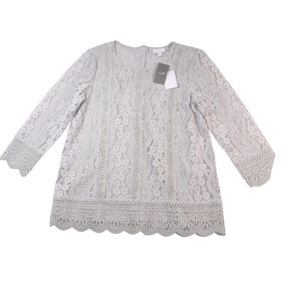J. Jill Pumice Grey Floral Lace Lined Blouse Scalloped Hem 3/4 Sleeve XS New